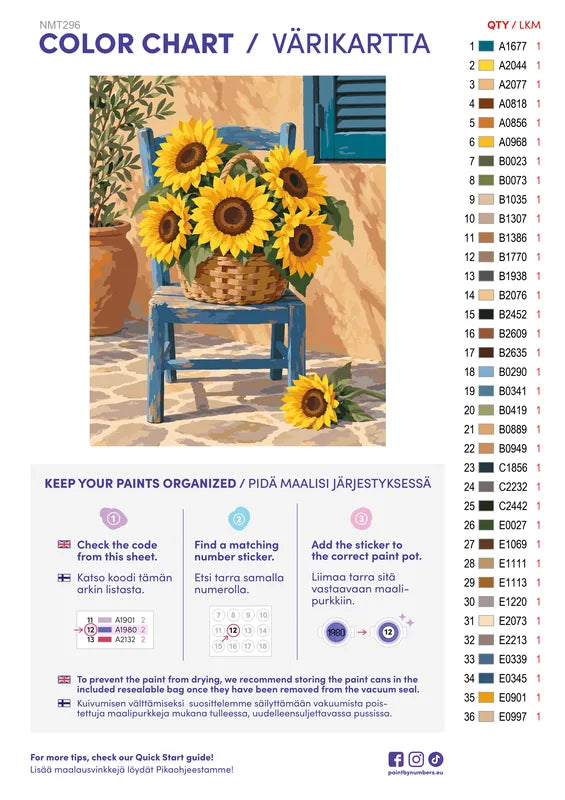 Numeromaalaus: Värikartta ja ohjeet - Sunflowers on a Blue Chair 40x50cm
