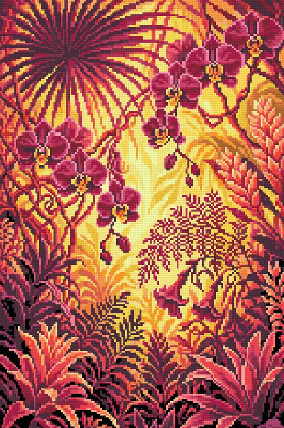 Sunlit Tropical Orchid Jungle, 40x60 cm timanttimaalaus – lopullisen kuvion esikatselu