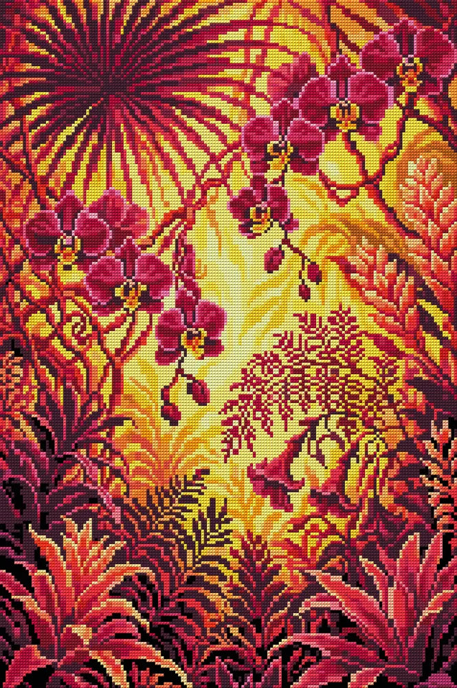 Sunlit Tropical Orchid Jungle, 40x60 cm timanttimaalaus – koko kuvion esikatselu ilman lähikuvaa