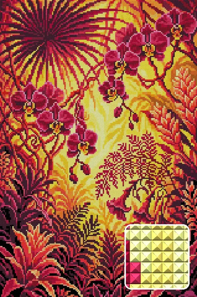 Sunlit Tropical Orchid Jungle, 40x60 cm timanttimaalaus – lopullisen kuvion esikatselu ja lähikuva neliönmuotoisista timanteista