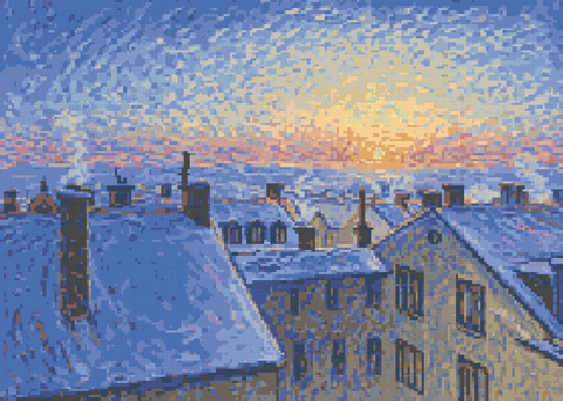 Auringonnousu kattojen yllä, Jansson, 70x50 cm timanttimaalaus – lopullisen kuvion esikatselu