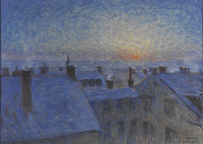 Auringonnousu kattojen yllä, Jansson, 70x50 cm timanttimaalaus – alkuperäinen kuva, josta kuvio on tehty