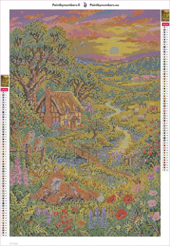 Sunset Fox Family Countryside timanttimaalauksen liimapintainen canvas 40x60cm