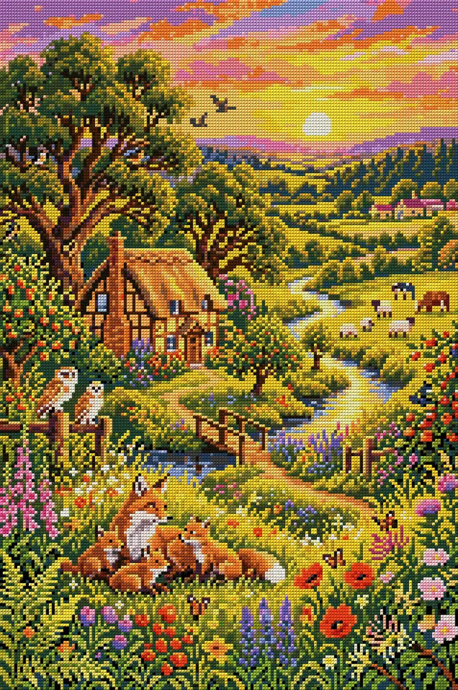 Sunset Fox Family Countryside, 40x60 cm timanttimaalaus – koko kuvion esikatselu ilman lähikuvaa