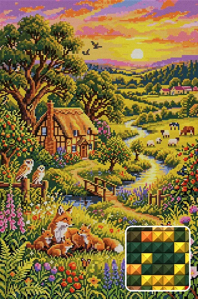 Sunset Fox Family Countryside, 40x60 cm timanttimaalaus – lopullisen kuvion esikatselu ja lähikuva neliönmuotoisista timanteista
