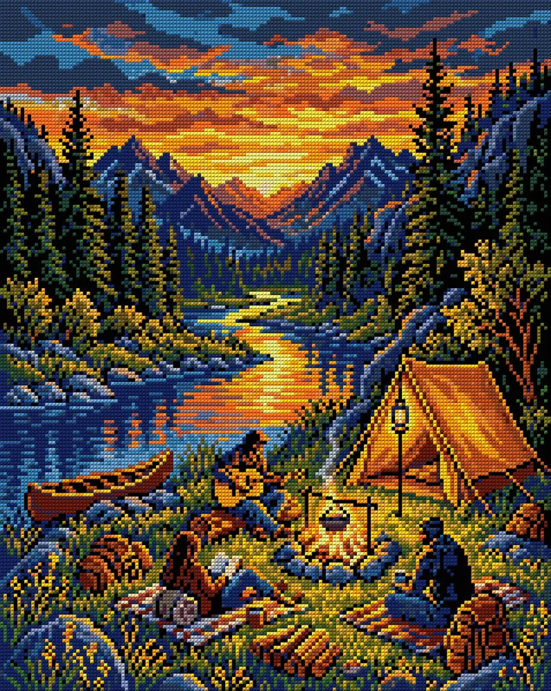 Sunset Mountain Campfire Gathering, 40x50 cm timanttimaalaus – koko kuvion esikatselu ilman lähikuvaa