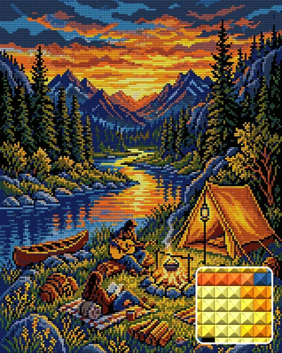 Sunset Mountain Campfire Gathering, 40x50 cm timanttimaalaus – lopullisen kuvion esikatselu ja lähikuva neliönmuotoisista timanteista