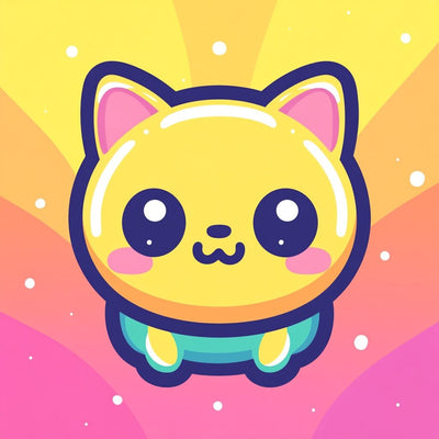 Sunshine Kitty -timanttimaalaus: kawaii-tyylinen keltainen kissa värikkäällä säteilevällä taustalla