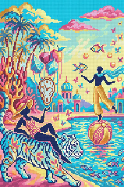 Surreal Tropical Fantasy Scene, 40x60 cm timanttimaalaus – lopullisen kuvion esikatselu