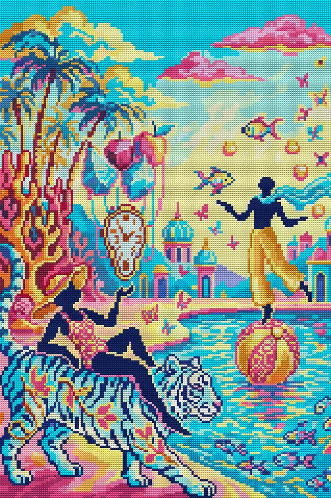 Surreal Tropical Fantasy Scene, 40x60 cm timanttimaalaus – koko kuvion esikatselu ilman lähikuvaa