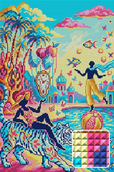 Surreal Tropical Fantasy Scene, 40x60 cm timanttimaalaus – lopullisen kuvion esikatselu ja lähikuva neliönmuotoisista timanteista