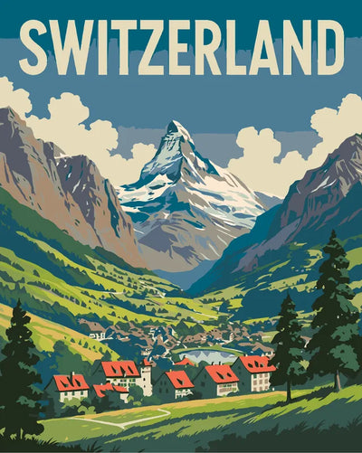 Sveitsi travel poster numeromaalaus, alppimaisema ja vuoret