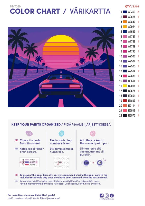 Numeromaalaus: Värikartta ja ohjeet - Synthwave Sunset 40x30cm
