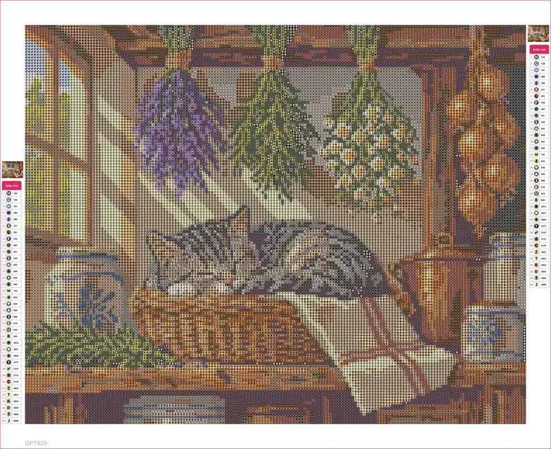 Tabby Cat among Drying Herbs timanttimaalauksen liimapintainen canvas 50x40cm