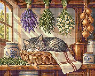 Tabbykissa nukkumassa kuivuvien yrttien keskellä, 50x40 cm timanttimaalaus – lopullisen kuvion esikatselu