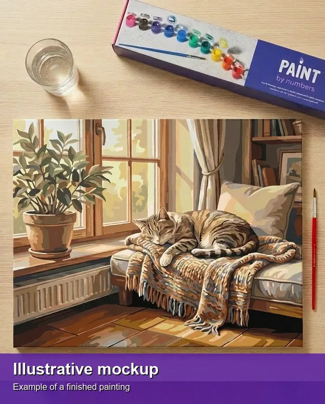 Valmiin numeromaalauksen havainnekuva - Tabby Cat on Blanket 50x40cm