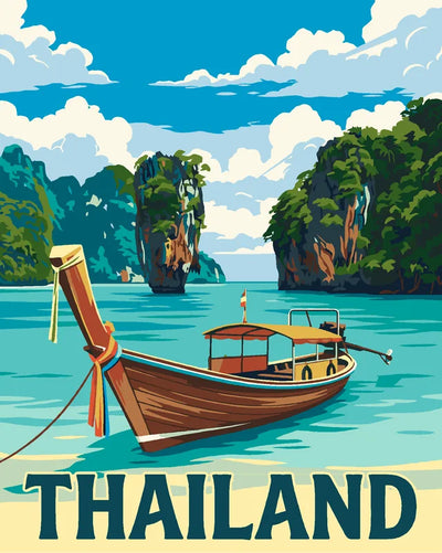 Thaimaa travel poster numeromaalaus, trooppinen rannikko ja meri
