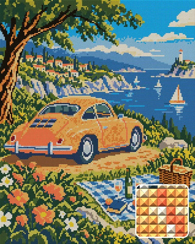 The Apricot Coupe Picnic, 40x50 cm timanttimaalaus – lopullisen kuvion esikatselu ja lähikuva neliönmuotoisista timanteista