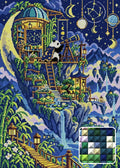 Thumbnail for The Astronomers Bamboo Moon, 50x70 cm timanttimaalaus – lopullisen kuvion esikatselu ja lähikuva neliönmuotoisista timanteista