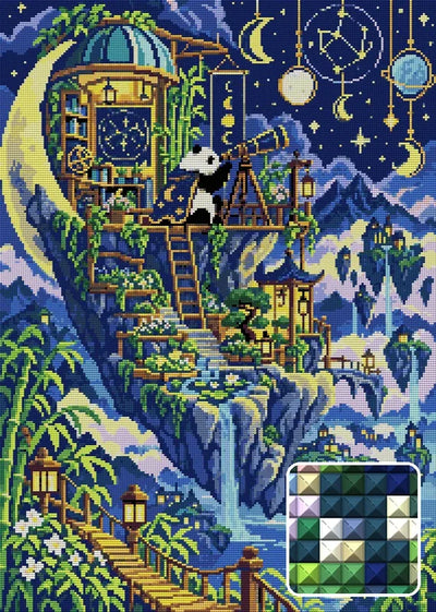 The Astronomers Bamboo Moon, 50x70 cm timanttimaalaus – lopullisen kuvion esikatselu ja lähikuva neliönmuotoisista timanteista