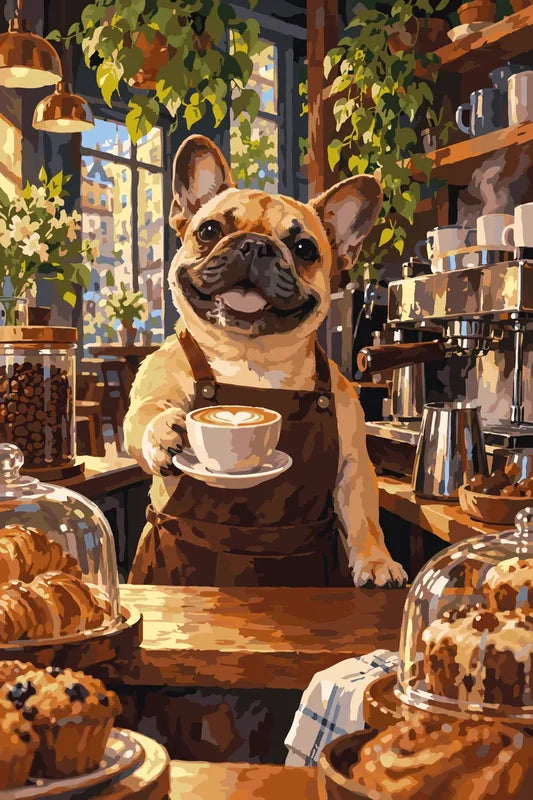 Ranskalainen buldogi baristana kahvilassa numeromaalaus.