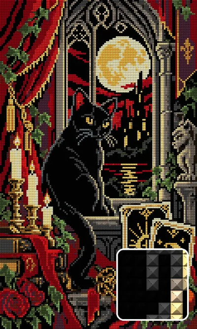 The Black Cat Tarot Window, 30x50 cm timanttimaalaus – lopullisen kuvion esikatselu ja lähikuva neliönmuotoisista timanteista