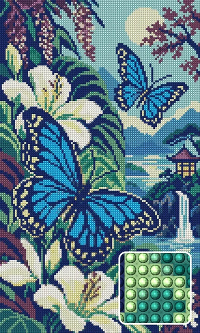 The Blue Butterfly Fern Room, 30x50 cm timanttimaalaus – lopullisen kuvion esikatselu ja lähikuva pyöreistä timanteista