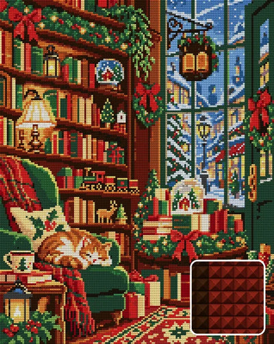 The Christmas Bookshop Window, 40x50 cm timanttimaalaus – lopullisen kuvion esikatselu ja lähikuva neliönmuotoisista timanteista