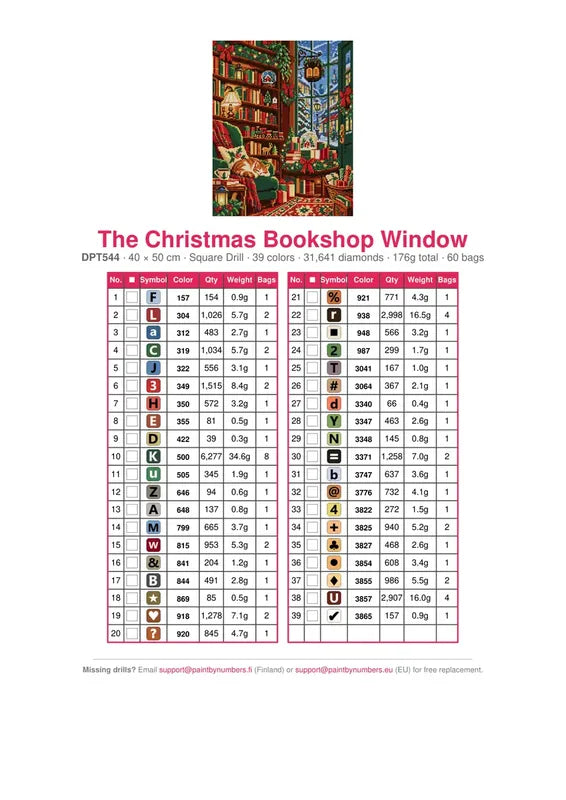 The Christmas Bookshop Window timanttimaalauksen värikartta – 39 DMC-väriä