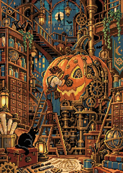 The Clockwork Pumpkin Workshop, 50x70 cm timanttimaalaus – lopullisen kuvion esikatselu