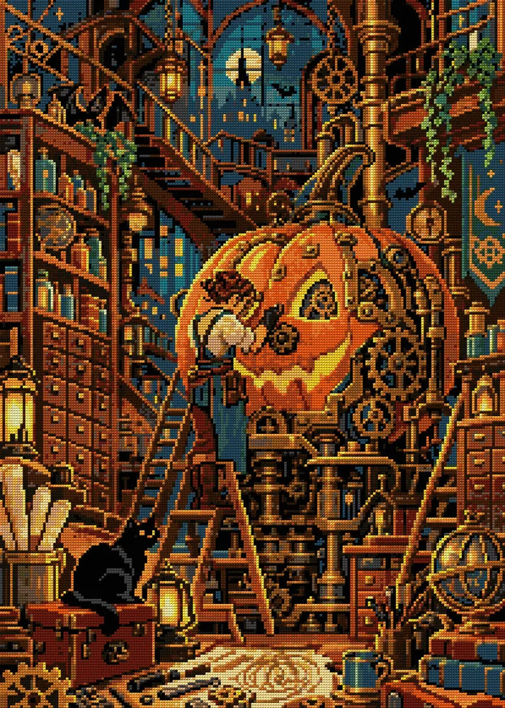 The Clockwork Pumpkin Workshop, 50x70 cm timanttimaalaus – koko kuvion esikatselu ilman lähikuvaa