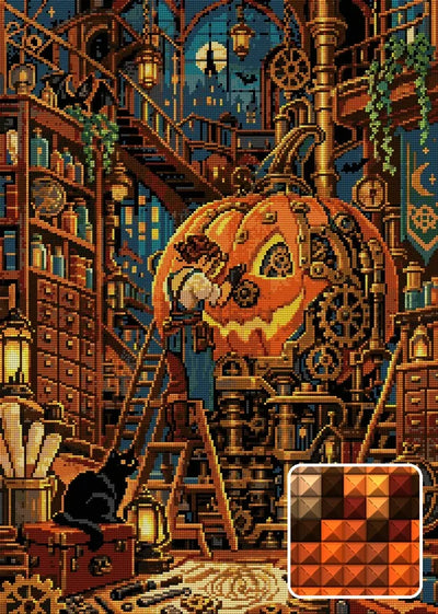 The Clockwork Pumpkin Workshop, 50x70 cm timanttimaalaus – lopullisen kuvion esikatselu ja lähikuva neliönmuotoisista timanteista