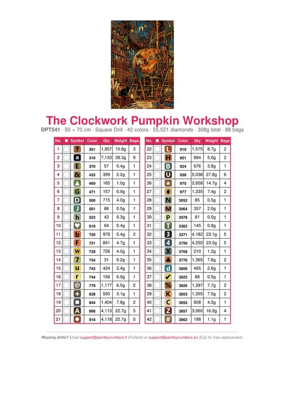 The Clockwork Pumpkin Workshop timanttimaalauksen värikartta – 42 DMC-väriä
