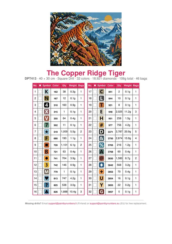 The Copper Ridge Tiger timanttimaalauksen värikartta – 32 DMC-väriä