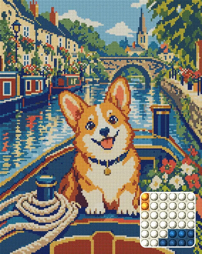 The Corgi Canal Captain, 40x50 cm timanttimaalaus – lopullisen kuvion esikatselu ja lähikuva pyöreistä timanteista