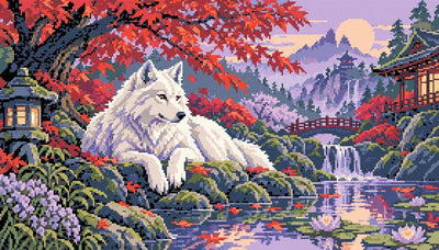 The Crimson Maple Wolf, 70x40 cm timanttimaalaus – lopullisen kuvion esikatselu