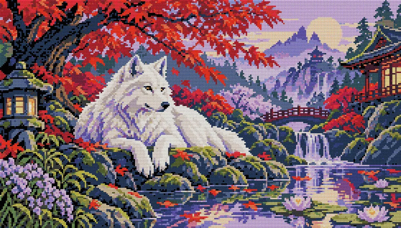The Crimson Maple Wolf, 70x40 cm timanttimaalaus – koko kuvion esikatselu ilman lähikuvaa