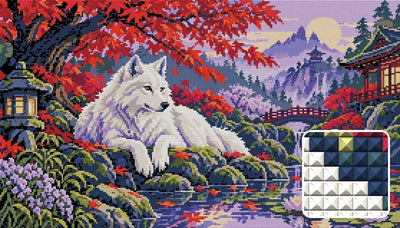 The Crimson Maple Wolf, 70x40 cm timanttimaalaus – lopullisen kuvion esikatselu ja lähikuva neliönmuotoisista timanteista