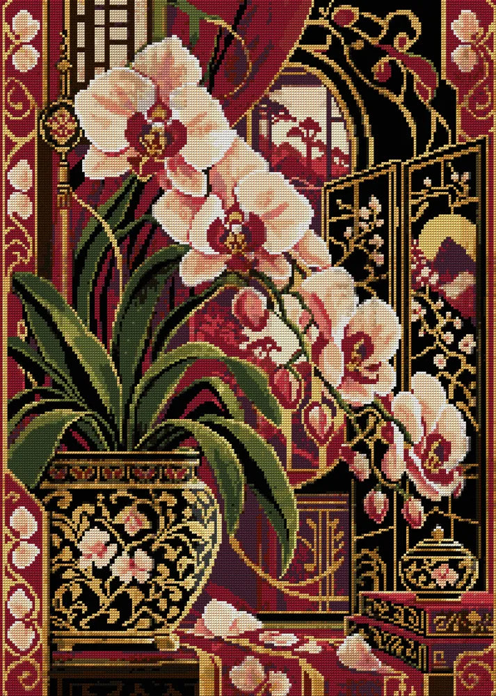 The Crimson Orchid Screen, 50x70 cm timanttimaalaus – koko kuvion esikatselu ilman lähikuvaa