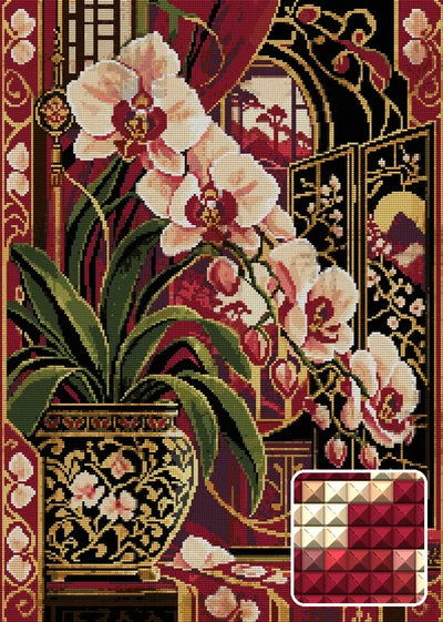 The Crimson Orchid Screen, 50x70 cm timanttimaalaus – lopullisen kuvion esikatselu ja lähikuva neliönmuotoisista timanteista