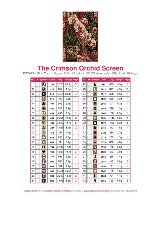 The Crimson Orchid Screen timanttimaalauksen värikartta – 42 DMC-väriä
