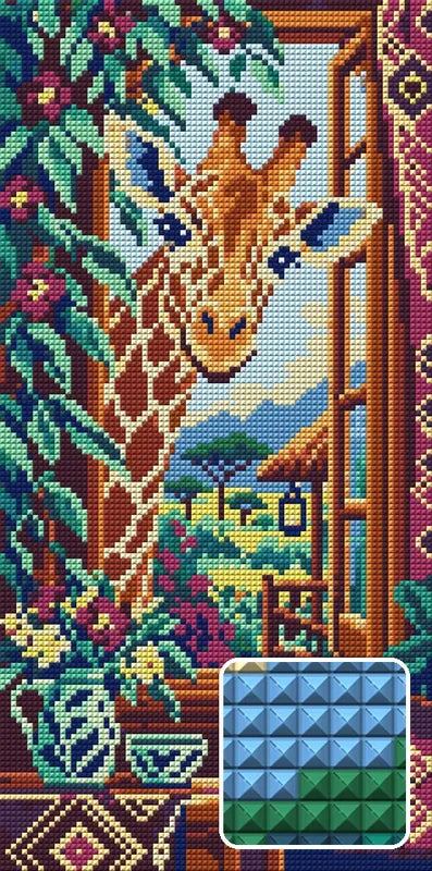 The Curious Giraffe Window, 20x40 cm timanttimaalaus – lopullisen kuvion esikatselu ja lähikuva neliönmuotoisista timanteista