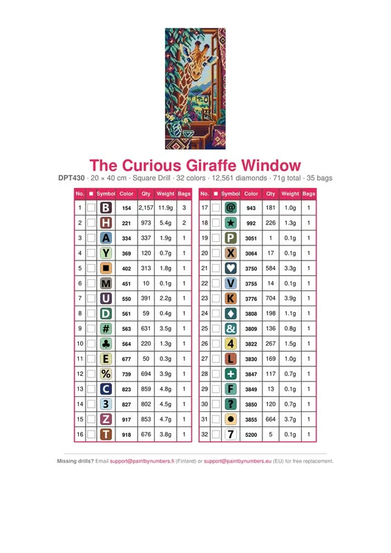 The Curious Giraffe Window timanttimaalauksen värikartta – 32 DMC-väriä