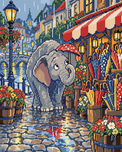 The Elephant Umbrella Shop, 40x50 cm timanttimaalaus – lopullisen kuvion esikatselu