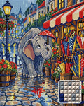 Thumbnail for The Elephant Umbrella Shop, 40x50 cm timanttimaalaus – lopullisen kuvion esikatselu ja lähikuva neliönmuotoisista timanteista