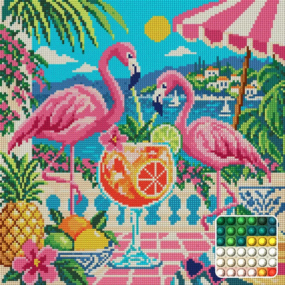 The Flamingo Cocktail Society, 40x40 cm timanttimaalaus – lopullisen kuvion esikatselu ja lähikuva pyöreistä timanteista