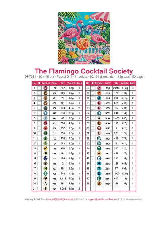 The Flamingo Cocktail Society timanttimaalauksen värikartta – 41 DMC-väriä