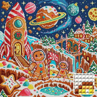 The Gingerbread Astronauts, 50x50 cm timanttimaalaus – lopullisen kuvion esikatselu ja lähikuva neliönmuotoisista timanteista