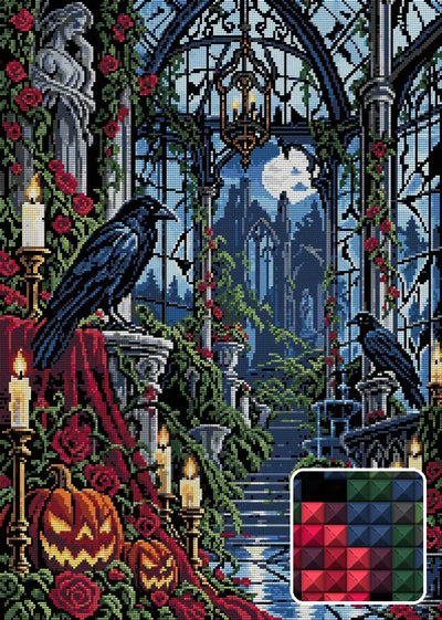 The Gothic Raven Conservatory, 50x70 cm timanttimaalaus – lopullisen kuvion esikatselu ja lähikuva neliönmuotoisista timanteista