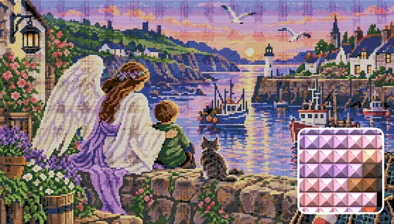 The Harbour Guardian, 70x40 cm timanttimaalaus – lopullisen kuvion esikatselu ja lähikuva neliönmuotoisista timanteista